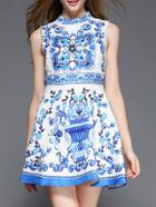 Romwe White And Blue Porcelain Sleeveless Jacquard Beading Dress