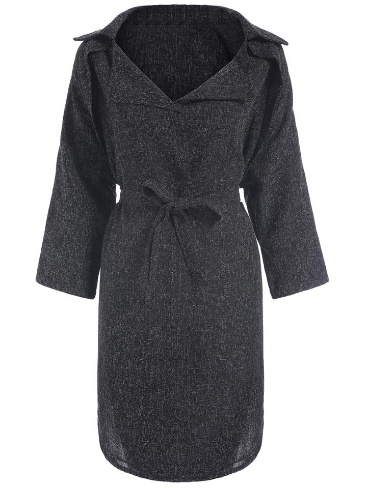Romwe Lapel 3/4 Sleeve Belt Black Coat