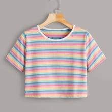 Romwe Colorful Stripe Print Ringer Tee
