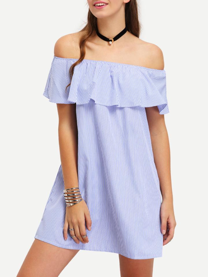 Romwe Vertical Striped Ruffled Off-the-shoulder Dress