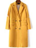 Romwe Yellow Double Breasted Pocket Trench Coat With Elbow Slit