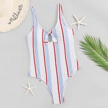 Romwe Random Striped Knotted Front Low Back Swimsuit