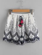 Romwe Tassel Tie Embroidered Scallop Hem Shorts