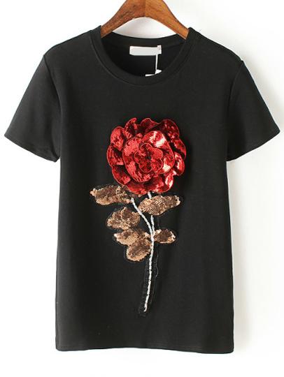 Romwe Rose Pattern Sequined Black T-shirt