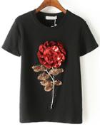 Romwe Rose Pattern Sequined Black T-shirt