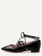 Romwe Black Faux Leather Square Toe Lace Up Flats