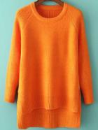 Romwe Dip Hem Split Orange Sweater
