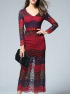Romwe Multicolor V Neck Long Sleeve Drawstring Lace Dress