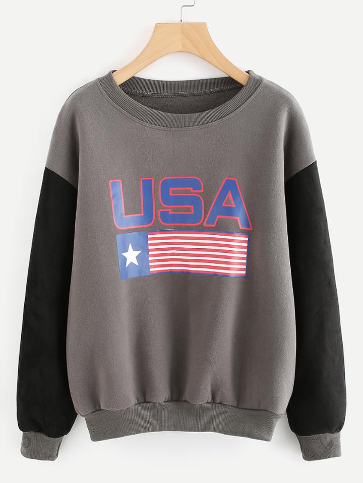 Romwe Contrast Sleeve American Flag Print Hoodie