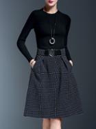Romwe Black Knit Belted Pockets A-line Dress