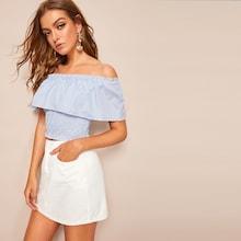 Romwe Fold Bardot Shirred Striped Crop Top