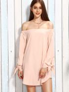 Romwe Pink Off The Shoulder Long Sleeve Bow Tie Dress