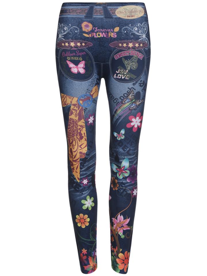 Romwe Elastic Waist Florals Slim Leggings