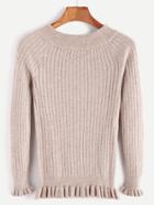 Romwe Light Khaki Raglan Sleeve Ruffle Trim Ribbed Knit Sweater
