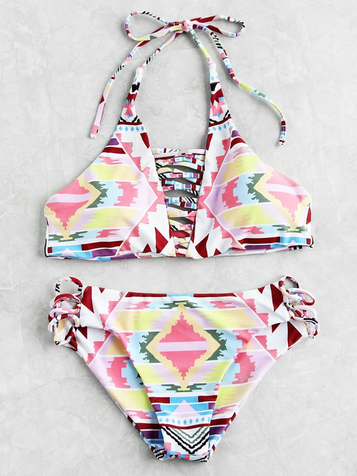 Romwe Graphic Print Criss Cross Front Bikini Set