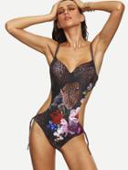 Romwe Multicolor Cheetah & Flower Print One-piece Swimwear