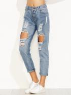 Romwe Blue Distressed Ripped Cuffed Jeans