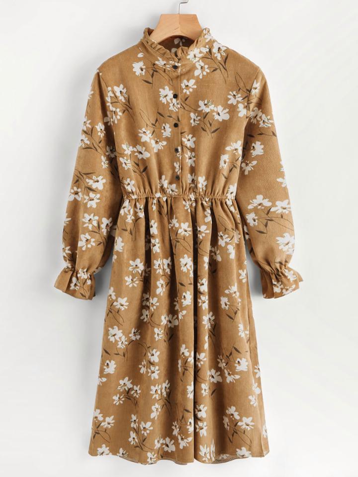 Romwe Floral Print Random Corduroy Dress