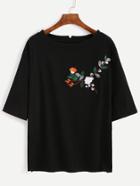 Romwe Black Flower Embroidered Cape Sleeve T-shirt