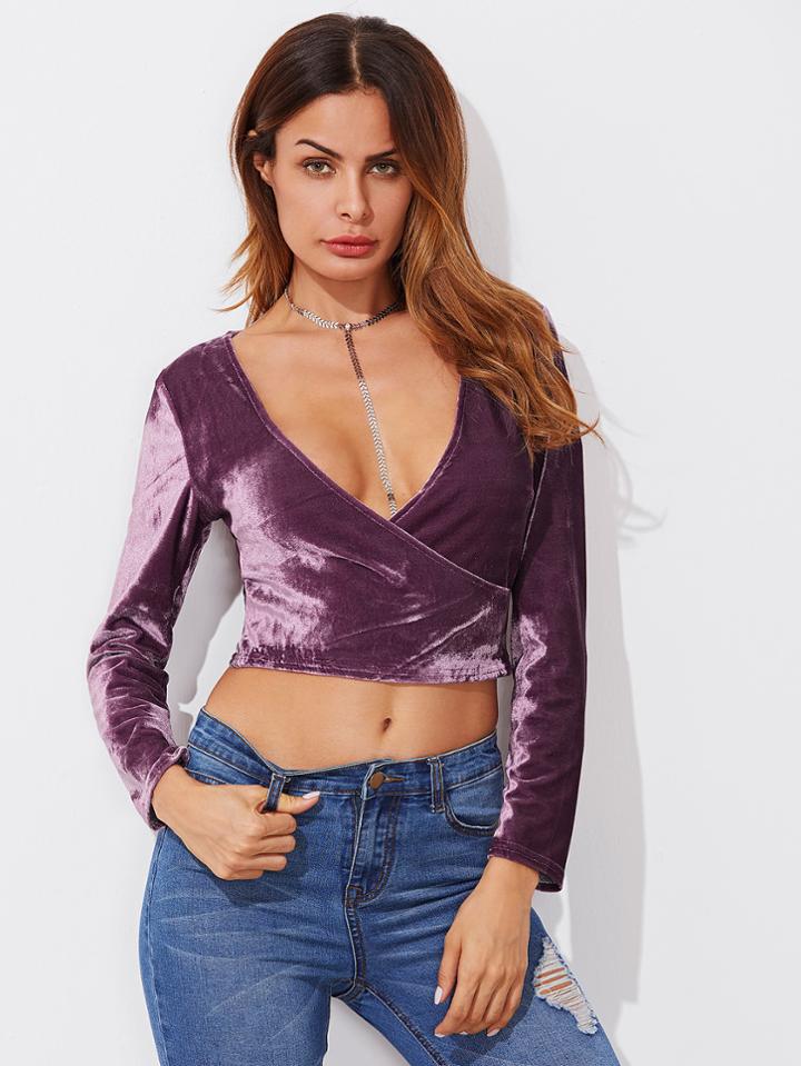 Romwe Velvet Deep V Neck Wrap Crop T-shirt