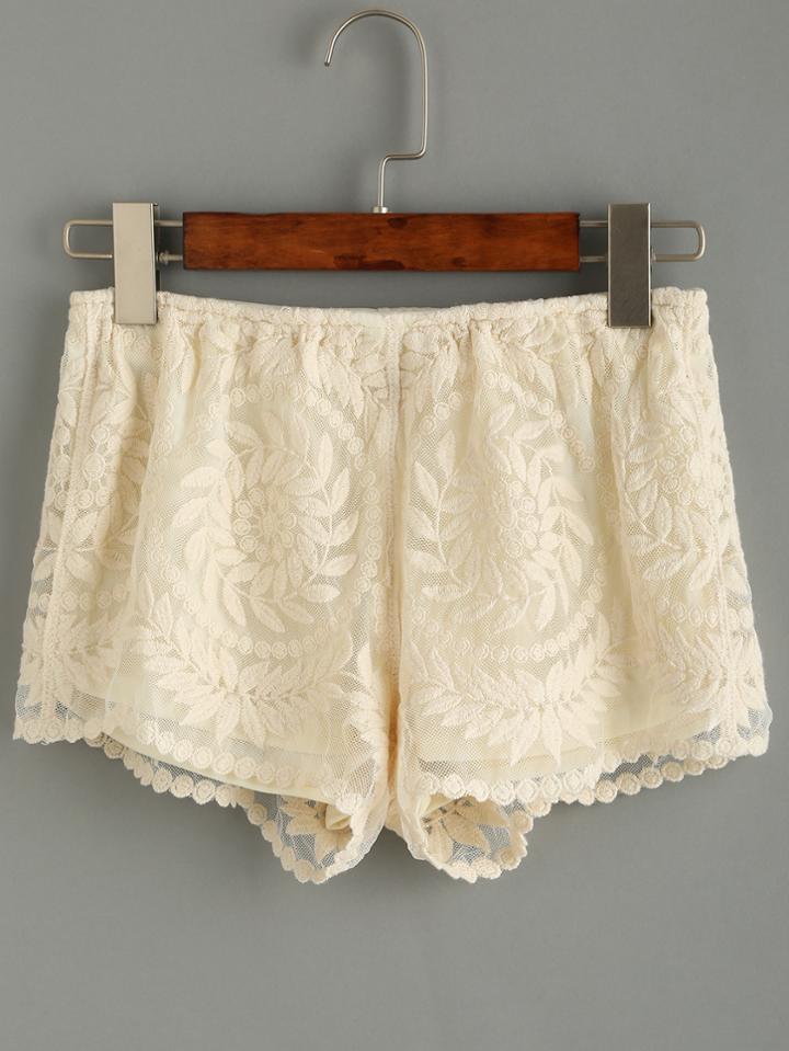 Romwe Beige Embroidered Mesh Overlay Shorts