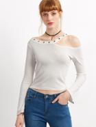 Romwe White Asymmetric Cold Shoulder Metal Eyelet T-shirt