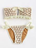 Romwe Ruffle Detail Lace Crochet Overlay Bandeau Bikini Set