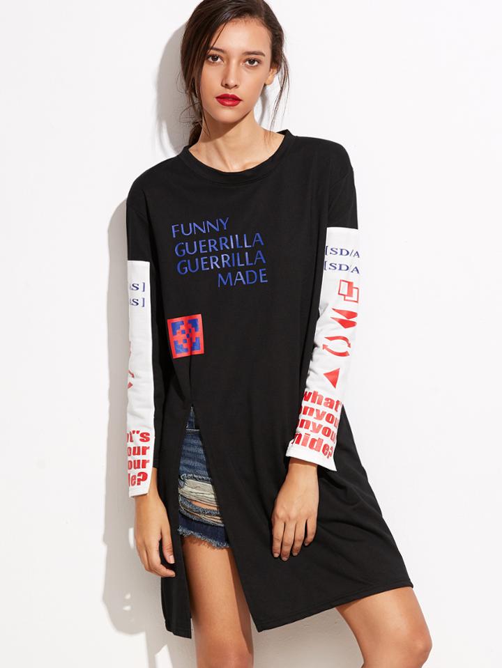 Romwe Black White Letters Print Split Side T-shirt