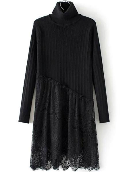 Romwe Turtleneck Ribbed Lace Insert Black Sweater Dress