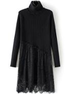 Romwe Turtleneck Ribbed Lace Insert Black Sweater Dress