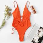 Romwe Deep Plunge Low Back Belted One Piece Swimsuit