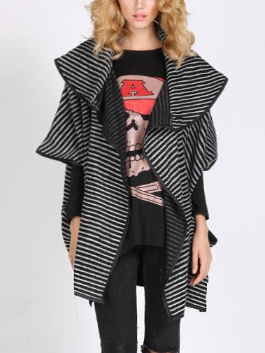 Romwe Lapel Elbow Sleeve Striped Loose Coat