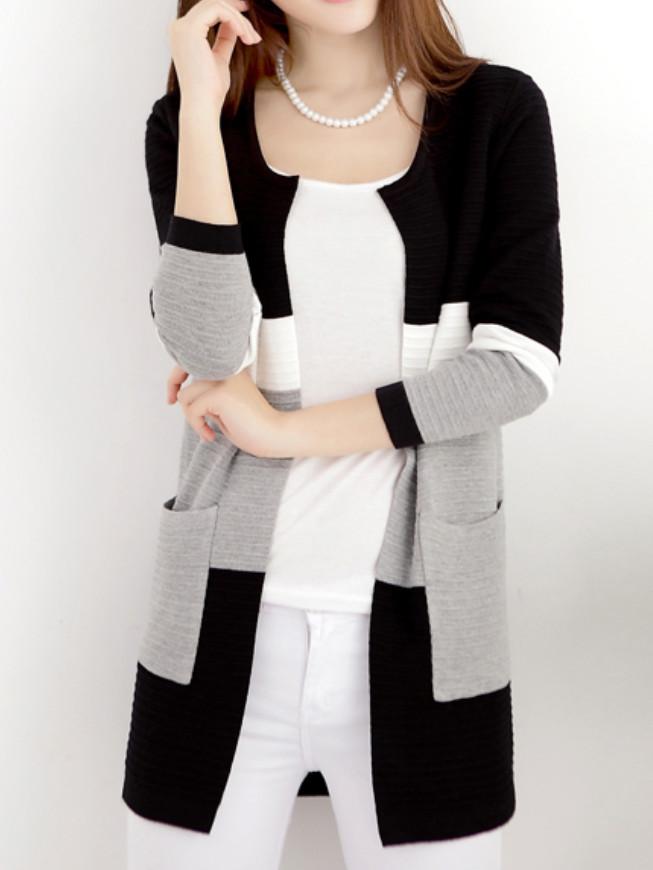 Romwe Round Neck Pockets Color-block Coat