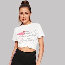 Romwe Flamingo And Slogan Print Tee