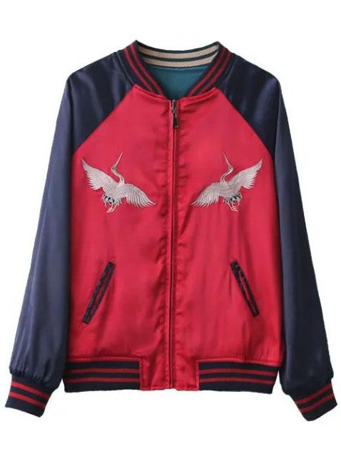 Romwe Red Color Block Crane Embroidery Reversible Jacket
