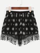 Romwe Black Elastic Waist Vintage Print Fringe Shorts