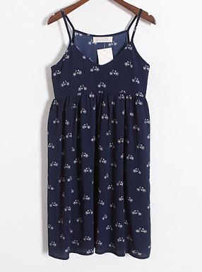 Romwe Spaghetti Strap Bicycle Print Chiffon Navy Dress