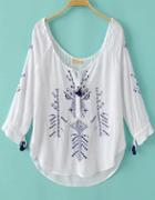 Romwe White Scoop Neck Embroidered Loose Blouse