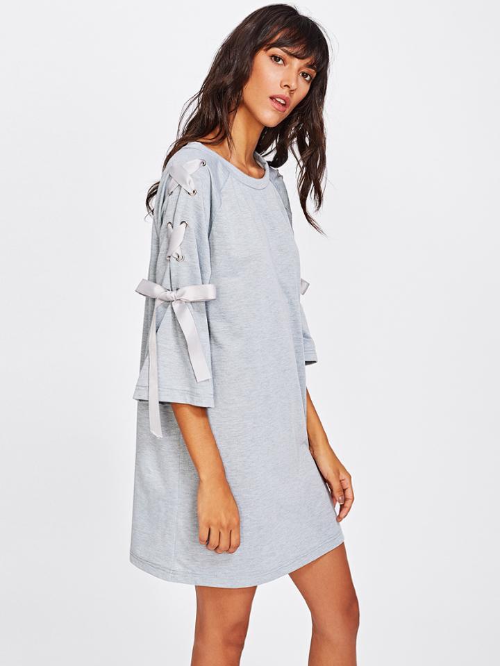 Romwe Ribbon Lace Up Raglan Sleeve Marled Tee Dress