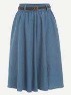 Romwe Blue Belted A Line Denim Skirt