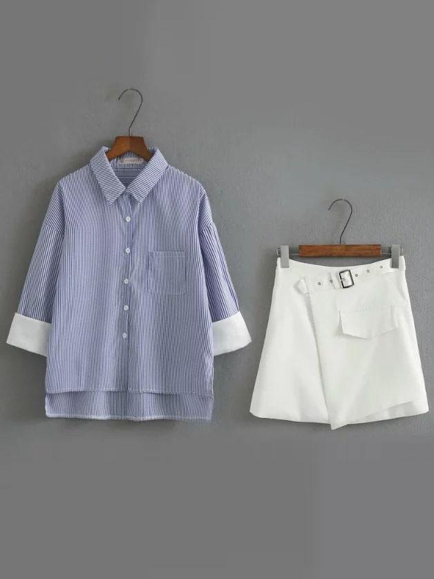 Romwe Contrast Cuff High Low Blouse With A Line Skirt