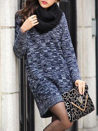 Romwe Round Neck Plaid Long Blue Sweater