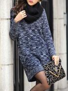 Romwe Round Neck Plaid Long Blue Sweater