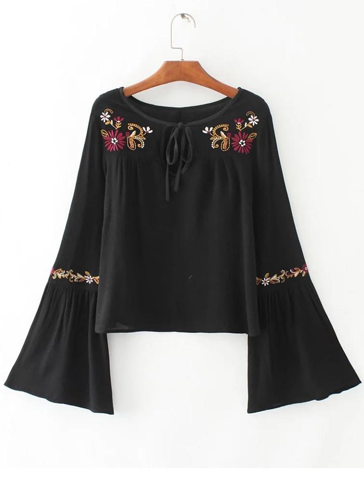 Romwe Black Flower Embroidery Tie Neck Bell Sleeve Blouse