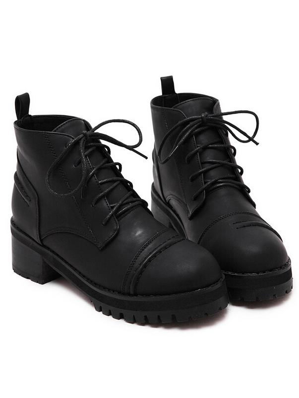 Romwe Black Round Toe Lace Up Pu Boots