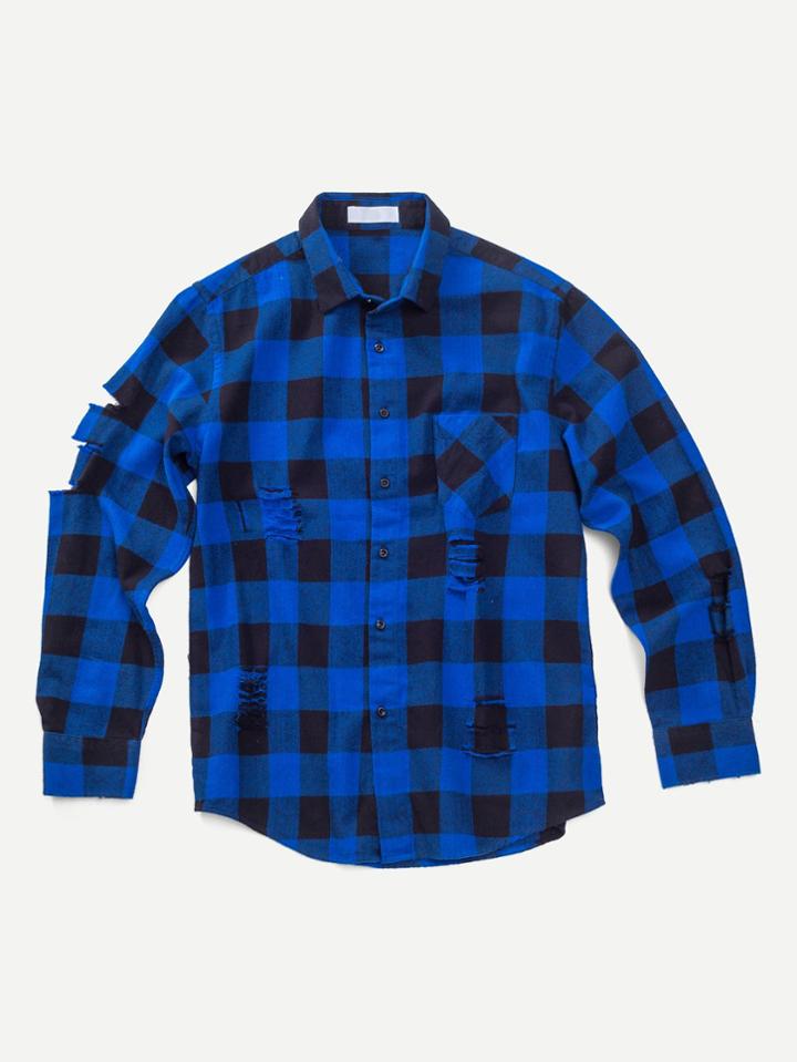 Romwe Check Plaid Ripped Shirt