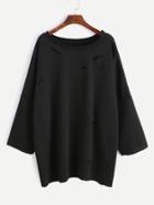 Romwe Black Dropped Shoulder Seam Ripped T-shirt