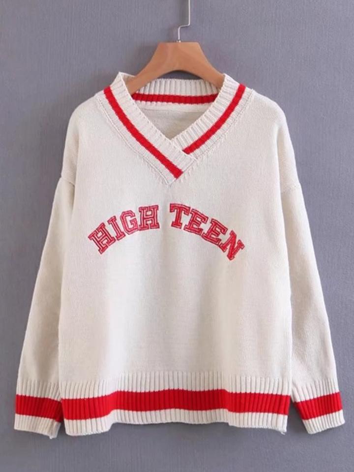 Romwe Striped Trim Dropped Shoulder Sweater