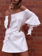 Romwe Off-the-shoulder Ruffle Sleeve Dress - White