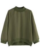 Romwe Army Green Raglan Sleeve Dip Hem Sweatshirt